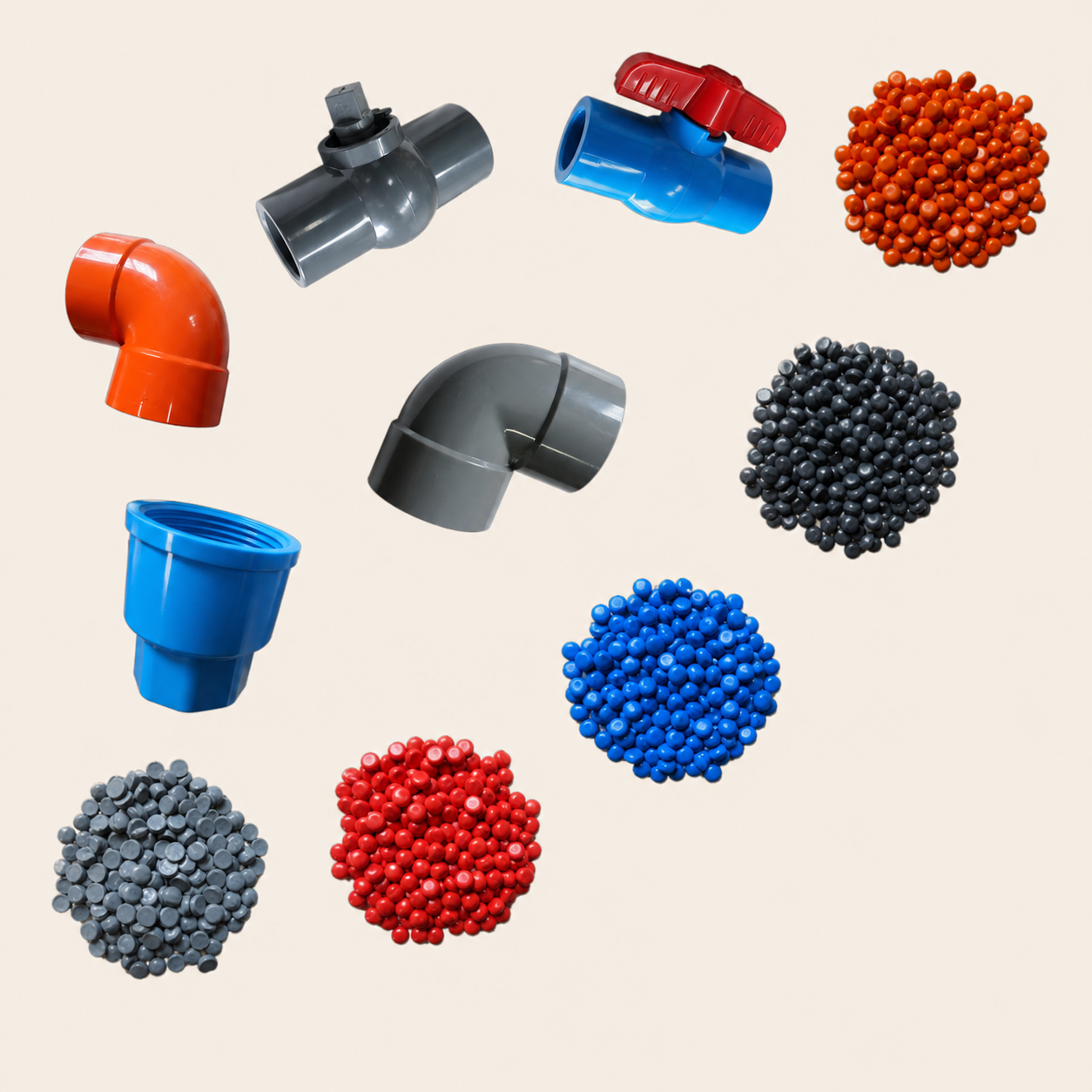 uPVC pellet color range and pipe fitting samples